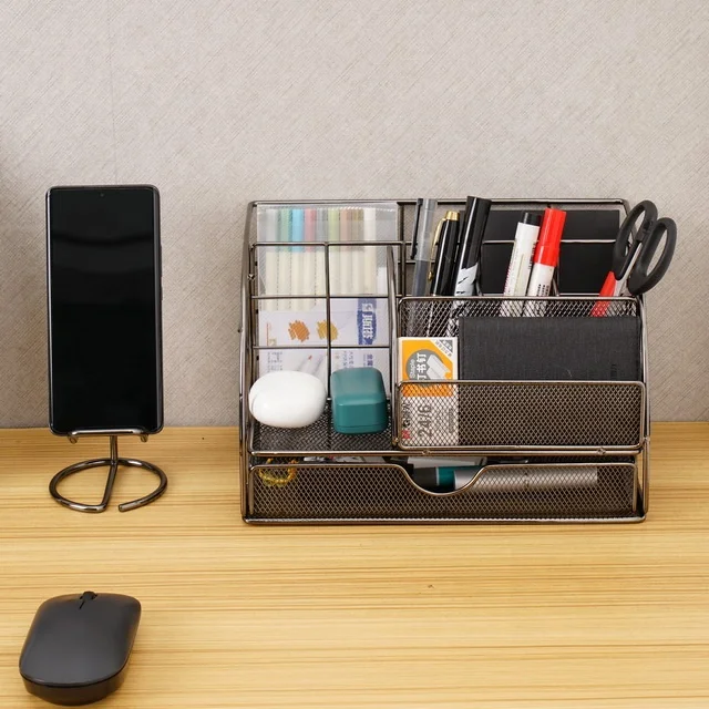 Home School Office Metal Mesh Desktop Desk Organizer with 6 Compartments Sliding Drawer Makeup Tool Storage