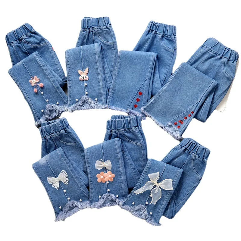 Spring Autumn 1-13Years Old Elastic Blue Children Jeans Trouser Cotton Baby Girl Jeans Pants girls long pants wholesale