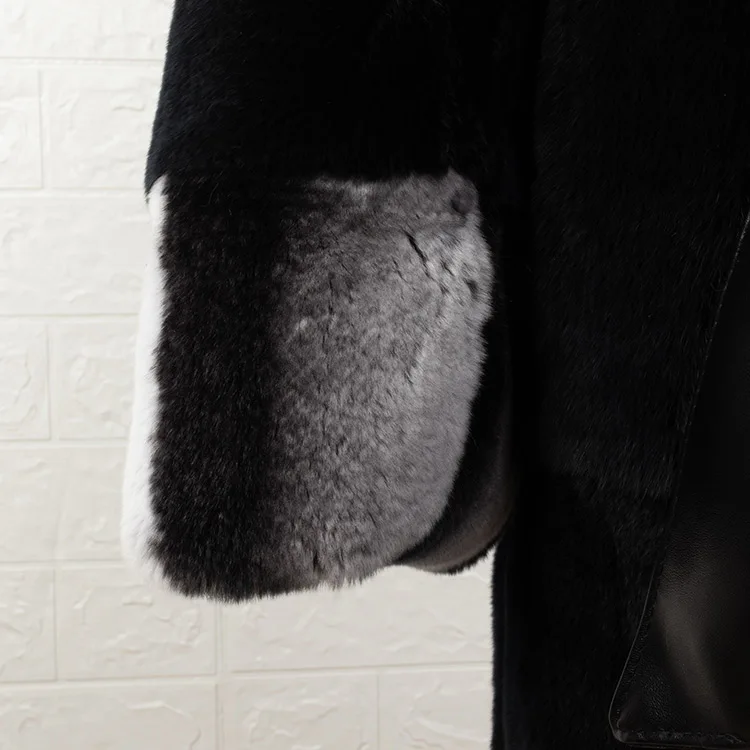 wholesale dyed chinchilla fur coat with belt black color long real rex rabbit fur coat for women