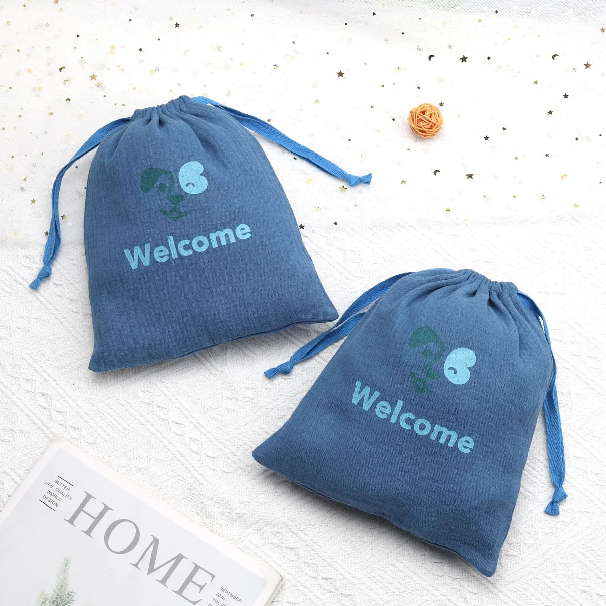 Hot Sale Blue Gauze Cotton Packaging Bag For Baby Clothing Custom Logo Printed Soft Gauze Cotton Dust Drawstring Pouch