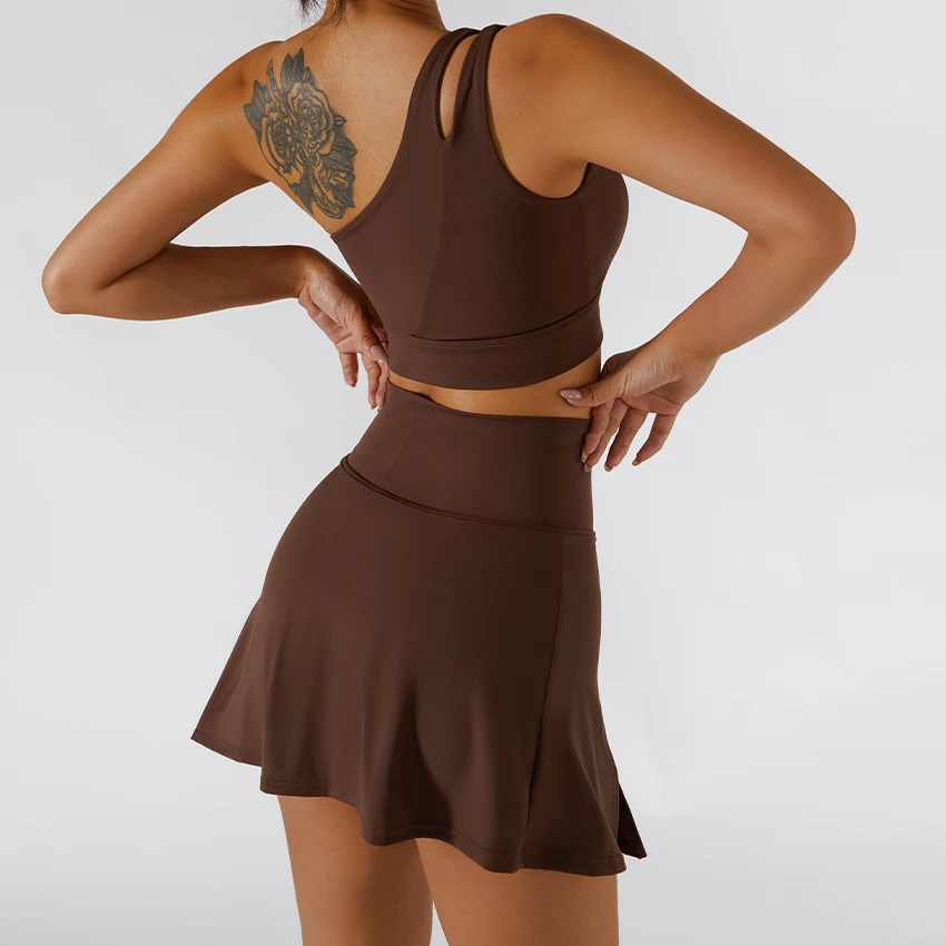 New Oblique One Shoulder Strap Women Sports Bra Hollow out Back Lines Strenuous Exercise Fitness Vest Yoga Bra Top skirts set