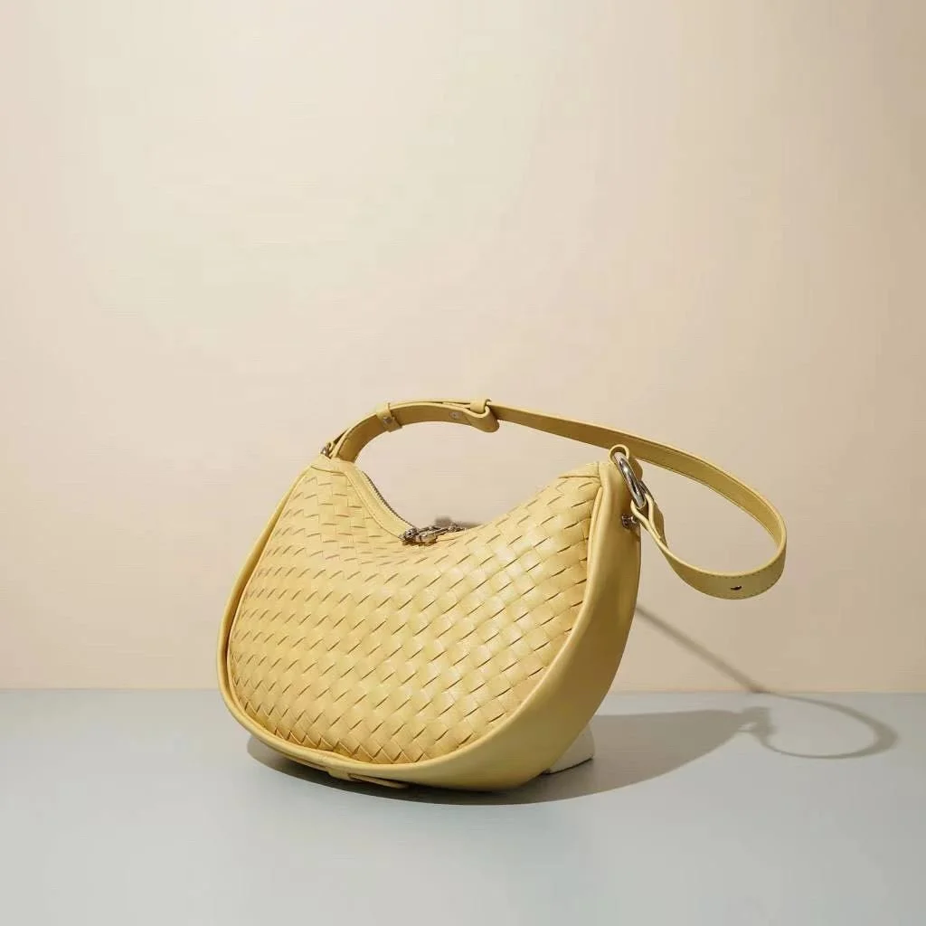 fashion lady real leather woven round moon hobo hand bags with adjustable handle for women elegant braided sling shoulder bag