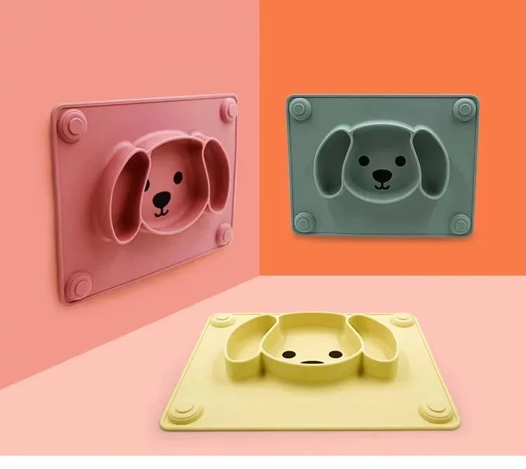 BPA Free Non Slip Baby Feeding Silicon Suction Bowl Dish Cute Dog shape Divided Toddler Silicone Plate