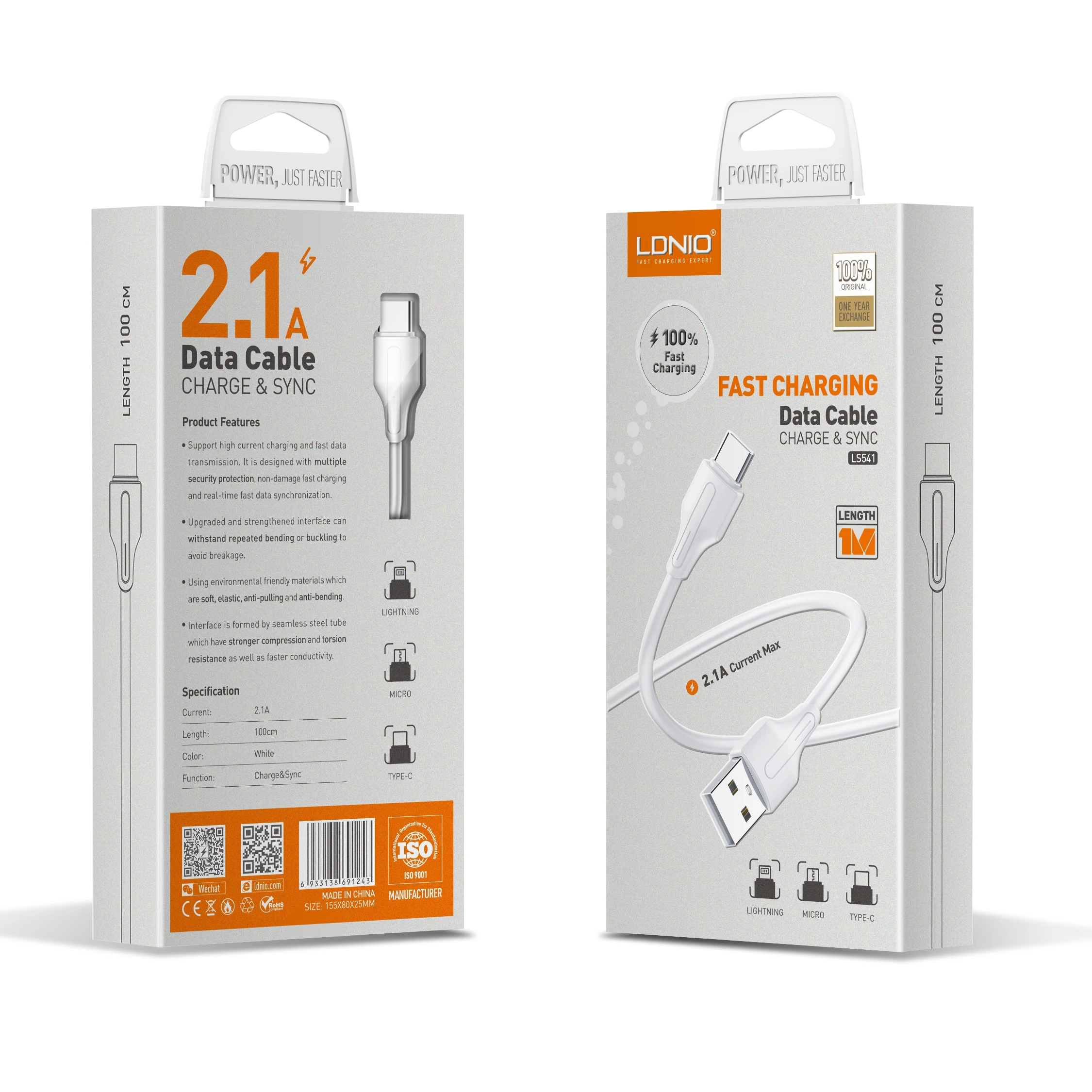 LDNIO Wholesale Superior Quality PVC Charger Cable 2.1A Fast Charging USB Phone Cable Type C Data Cable