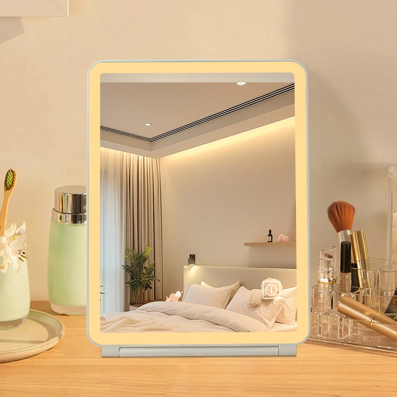 Newest Plastic Square Led Touch 3 Mode Dimming Light Makeup Mirror Portable Stand Rechargeable Cosmetic Smart Led Mirror