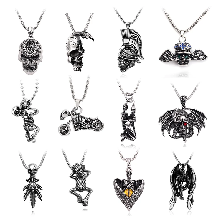 Goth Jewelry Halloween Skulls Necklace Hip Hop Chain Human Skeleton Wings Hand Head Pendant Necklace For Men