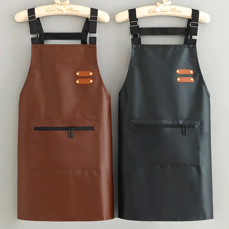 RTS Durable Faux Leather Kitchen Apron Adjustable Neck Strap Protective Cooking Coat Chef Gardener Soft BBQ Apron with Zipper