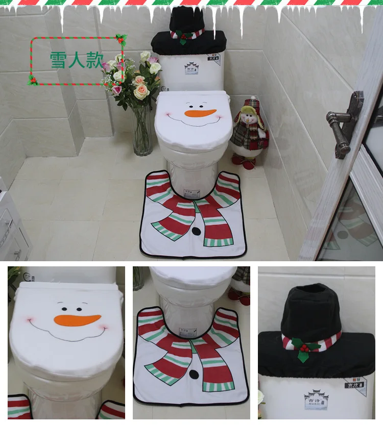 Wholesale Christmas decorations Santa Claus snowman toilet cover 3-piece set Santa Claus toilet cover decorations