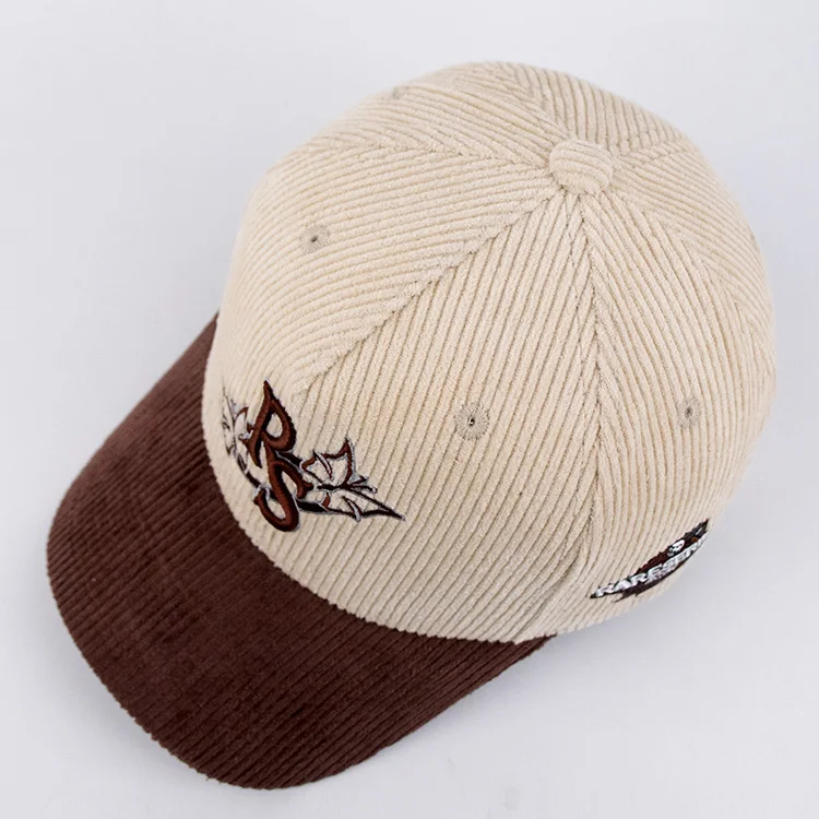 New design two tone corduroy snap back plastic closure 5 panel custom baseball cap with 3d embroidery logo