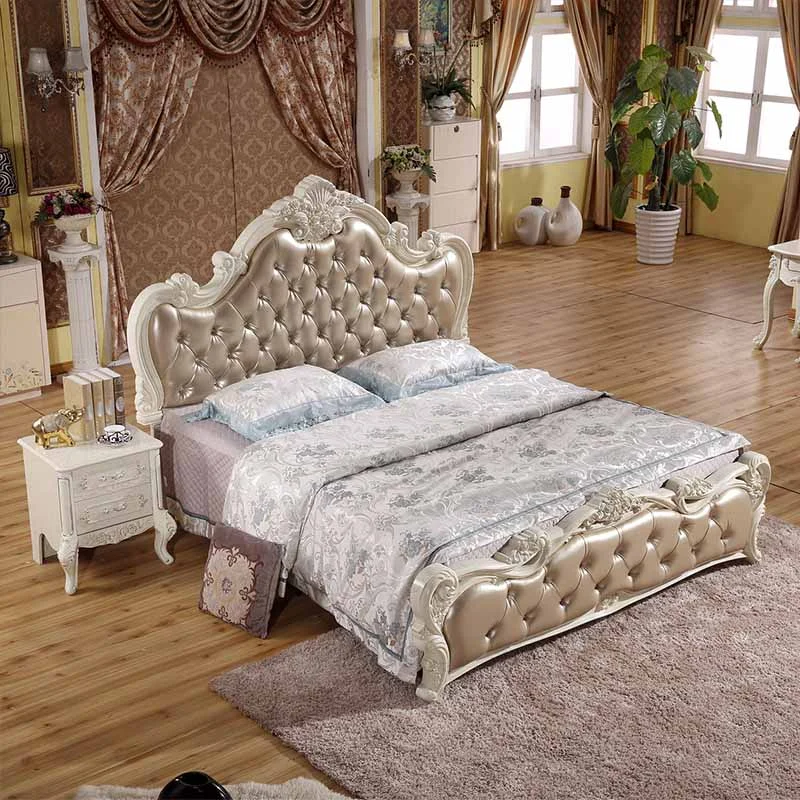 Bedroom Set Furniture Luxury Classic Style Wooden Carved Frame Leather King Size Bed