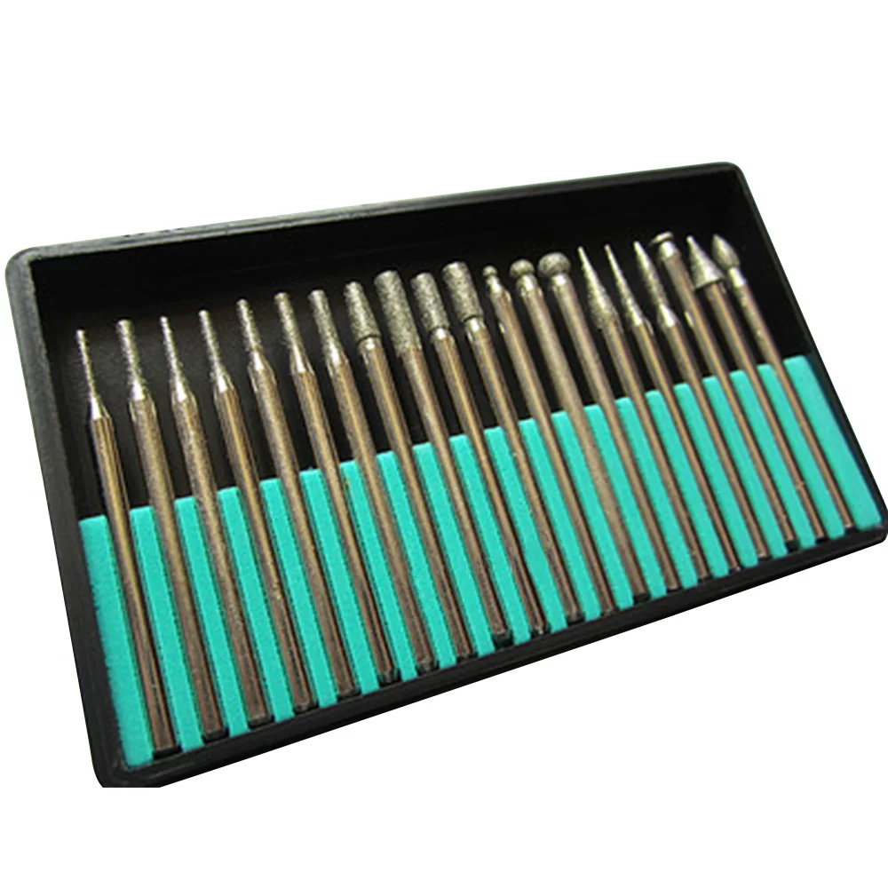 20PCS 3mm Shank Diamond Grinding Needle Carving Polishing Set Mounted Point