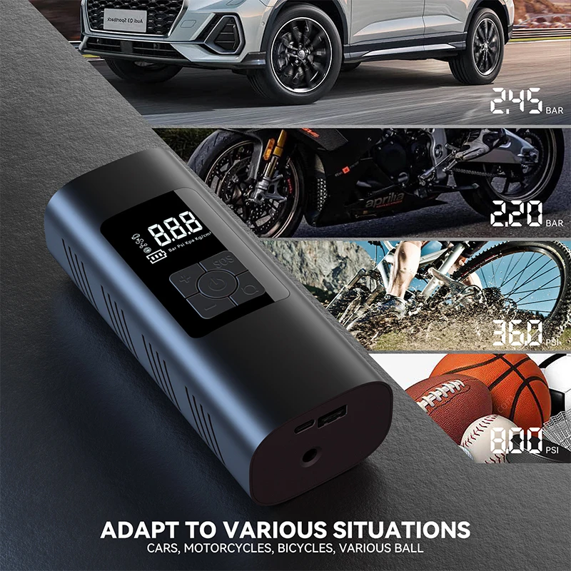 LCD display 6000mAh Battery 12V Wireless inflator Pump Portable Electric Tire Inflator With Nozzle Set For Car, Motor, Bike