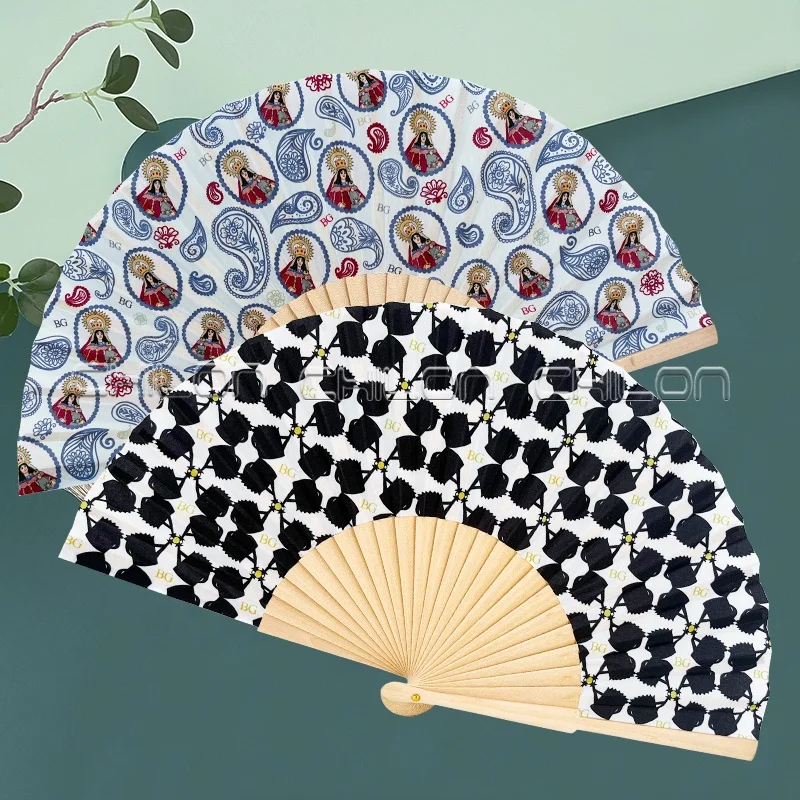 Wholesale Latest Design Fashion Printed wooden Fabric Hand Fans For Business Gifts