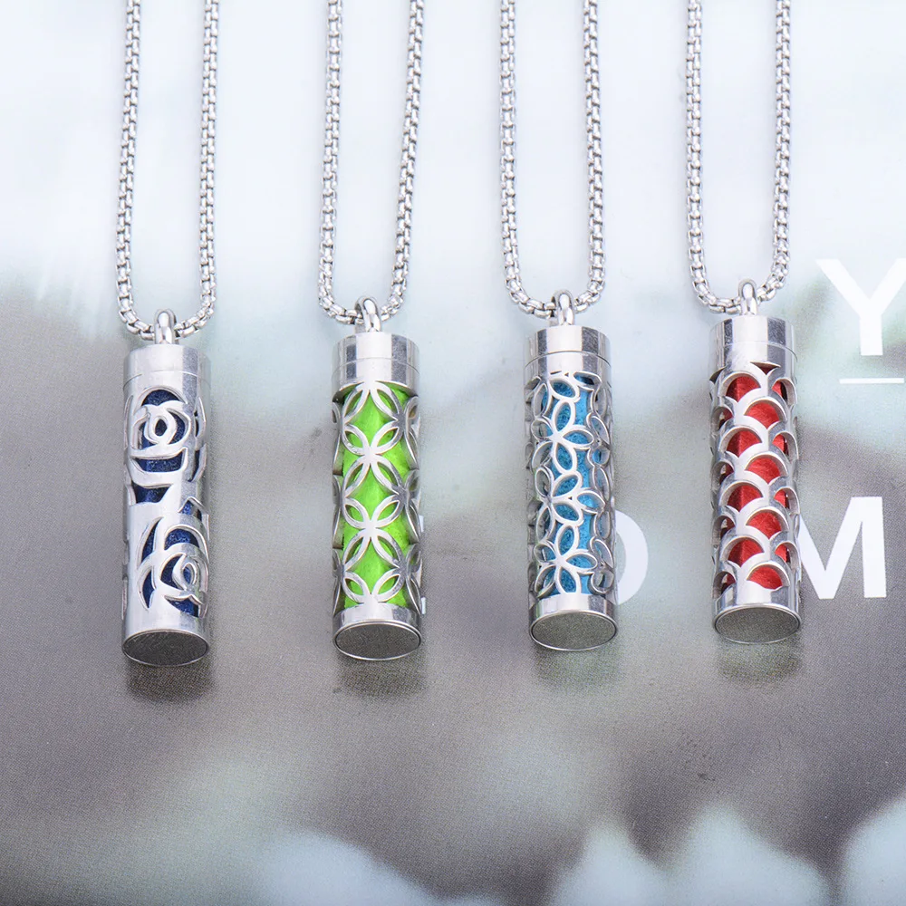 Perfume Necklace Cylindrical Stainless Steel Diffuser Essential Oil Pendant Vintage Hollow Out Locket Perfume Bottle Necklace