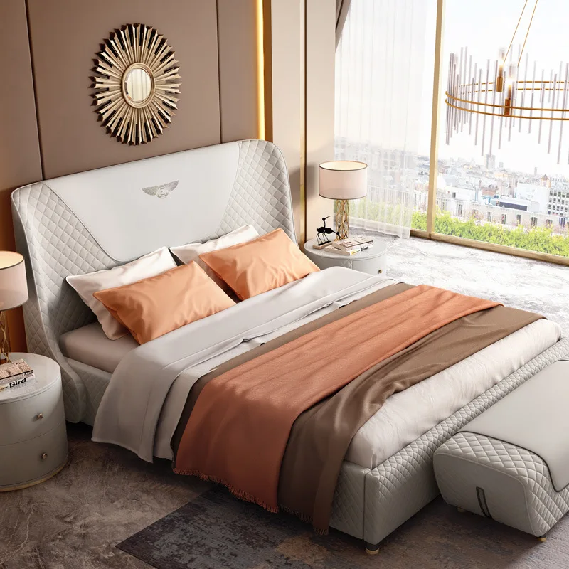Modern design wood frame luxury bedroom furniture king queen double single size leather bed sets