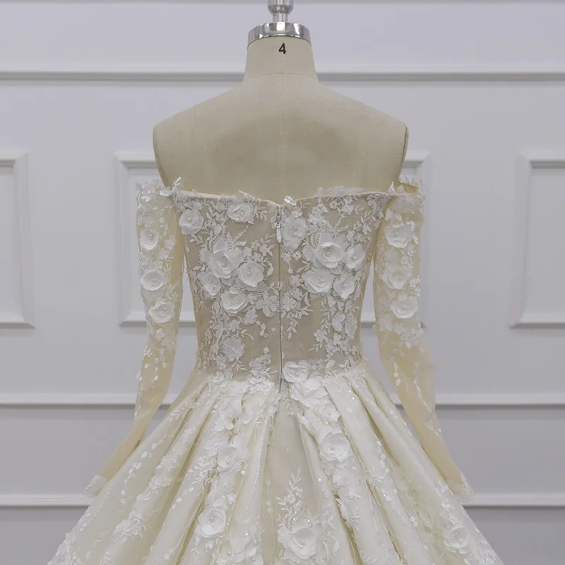 Eslieb SJ105-2 real photo wholesale price champagne sweetheart long sleeve 3D flower lace wedding dress ball gown