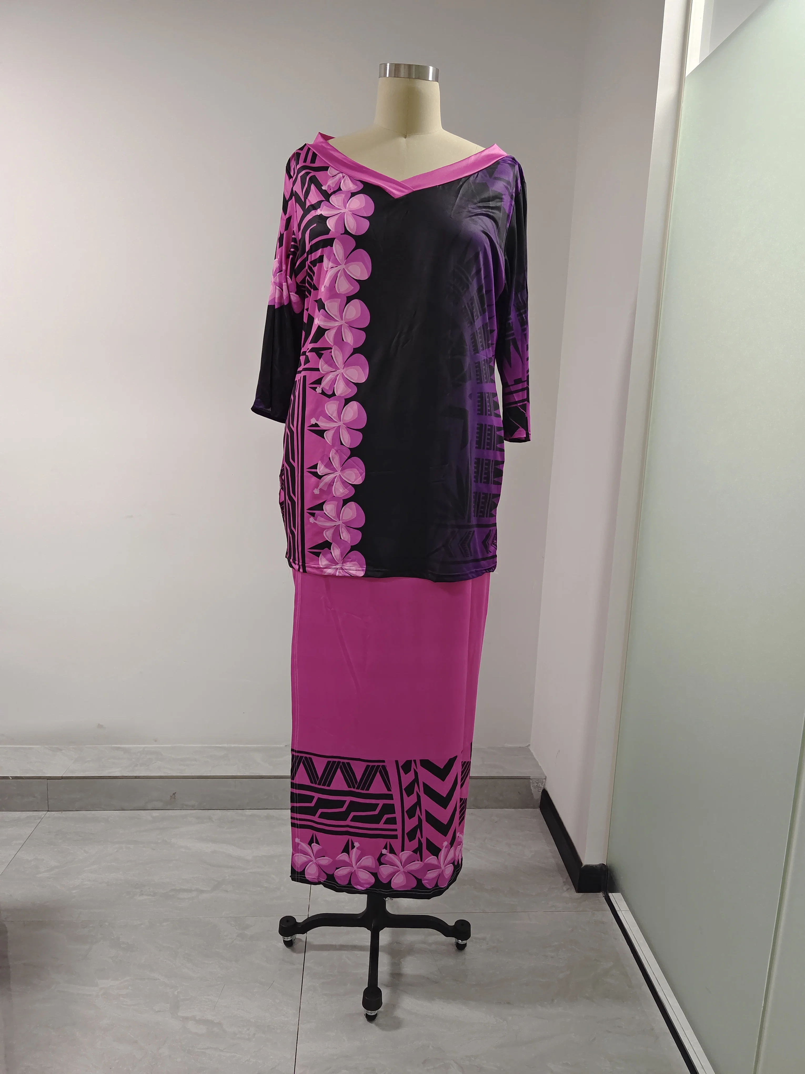 New V-neck puletasi Polynesian Traditional church uniform custom women two piece sets tapa designs Ptaha Pacific Island Clothing
