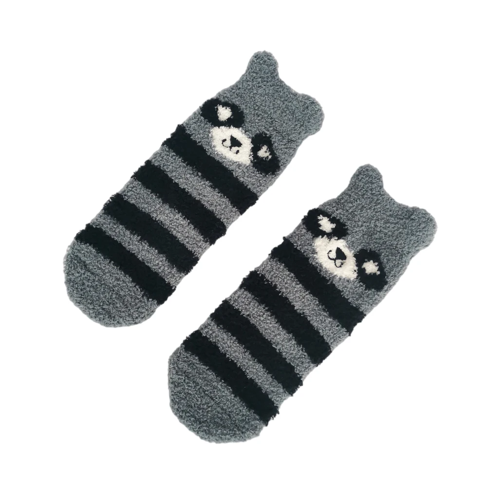 Hot sell cute bear striped coral velvet fluffy fuzzy socks women winter warm animal Indoor Knitted  floor slipper socks