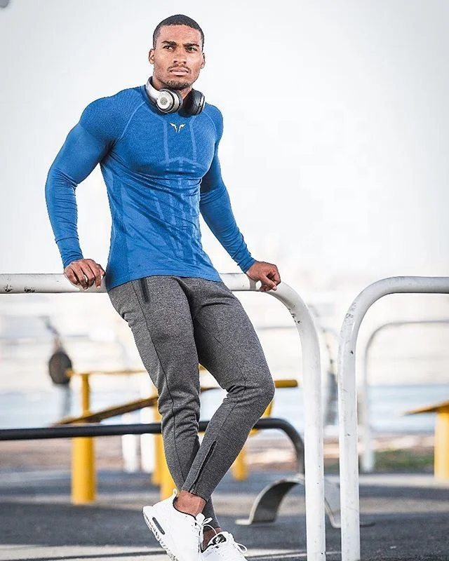 New fashion Stitching color men  fitness sports running tight T shirt stretch sweat quick dry long sleeve shirt