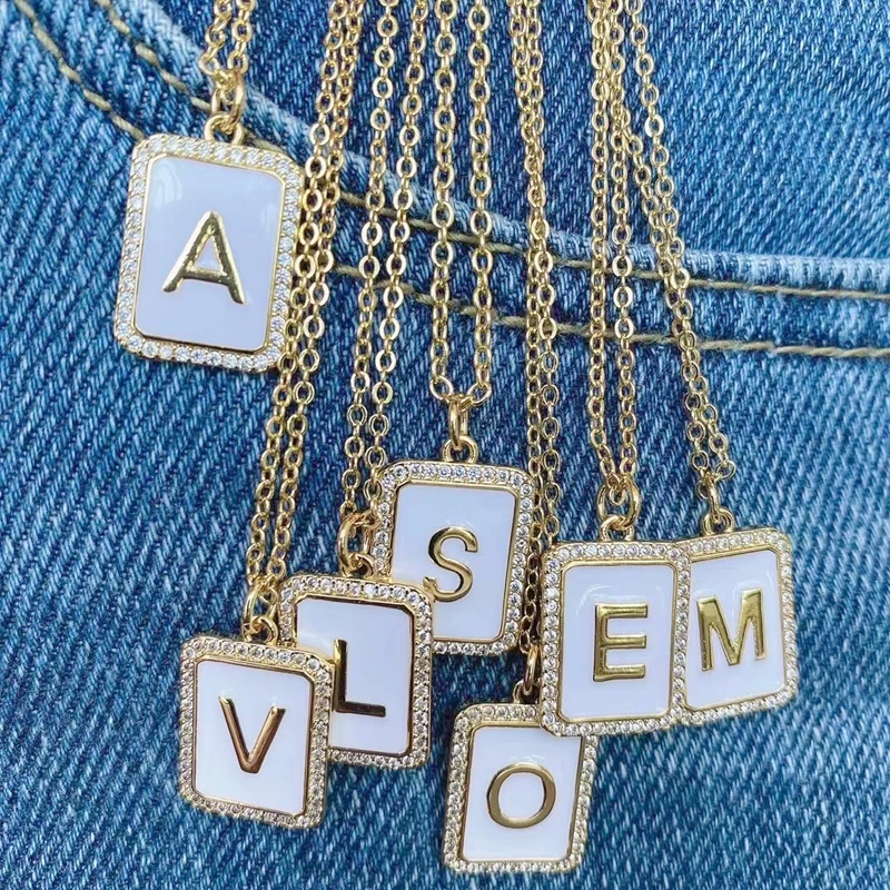 Custom Jewel 26 Alphabet Pendants White Enamel Square Zircon Around Letters Necklace