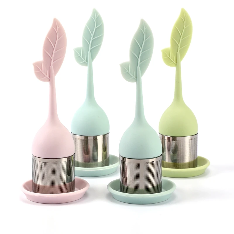 Leaf Tea Infuser Stainless Steel Fine Mesh Tea Filter with BPA-Free Silicone Leaf Handle and Drip Tray Perfect Tea Strainer