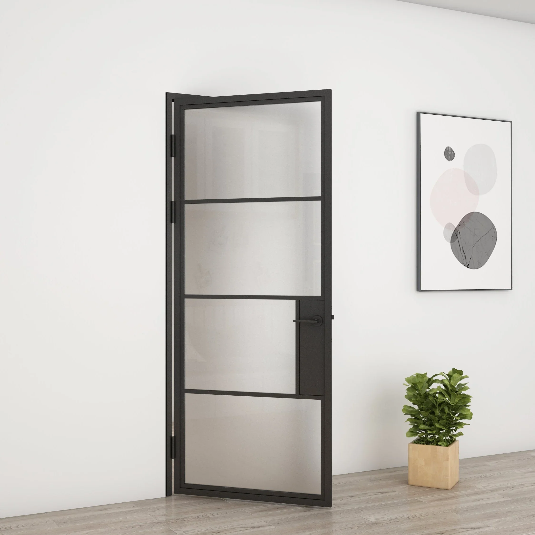 Modern Design Powder Coating Matt Black Single Steel Glass Door with Transparent Tempered Glass