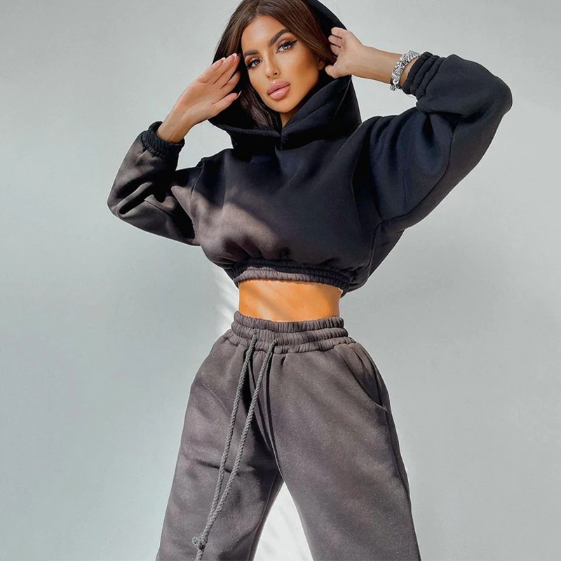 Wholesale Gym Wear Women Tracksuit Winter Sport Suits 2 Piece Set Casual Outfit Pullover Crop Top Hoodie+Sweatpants Jogger Set