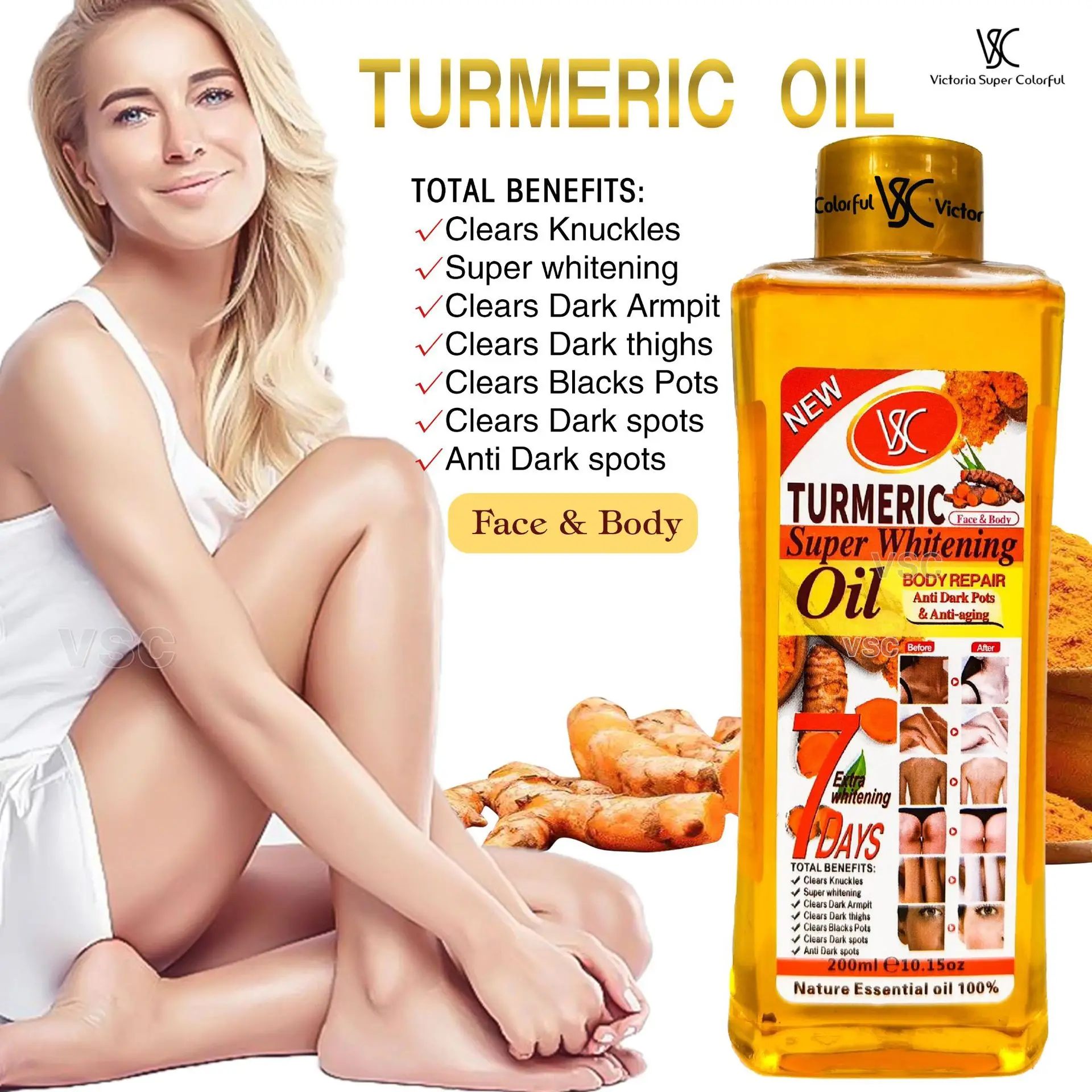 Top Quality Hot Sell Tumeric Oil For Skin Lightening 200ml Gold Whitening Body Bleaching Turmeric Super Whitening Oil