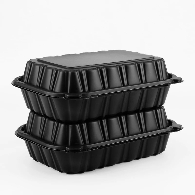 wholesale to go 9 x 6 x 3 inch MFPP eco-friendly hinged lid microwave food container black color plastic lunch box