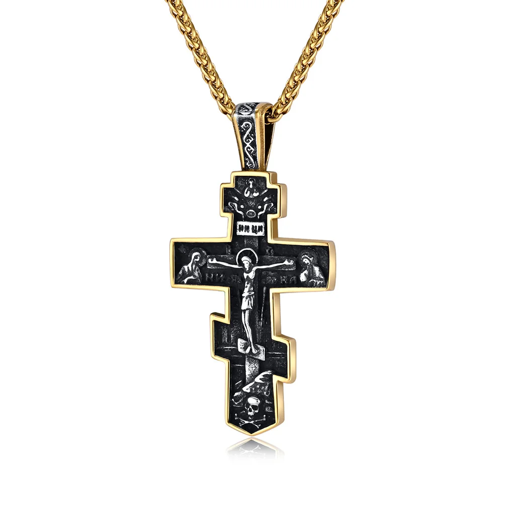 Russian Religious Jesus Christian Crucifix Fashion Cross Pendant Necklace Stainless Steel Orthodox Cross