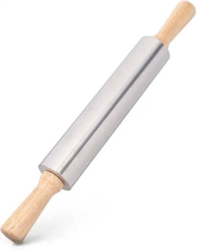 Stainless Steel Rolling Pin Non Stick Metal Roller with Wood Handles for Baking Cooking Cookies Biscuits Pizzas