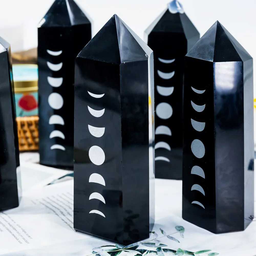 Wholesale Folk Crafts Fengshui Quartz Tower Crystals Healing Stones Obsidian With Moon Phase Points