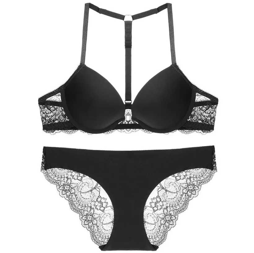 Y-shaped front buckle gathered beauty back bra set sexy lace seamless underwear wholesale sexy beautiful ladies lingerie plus si