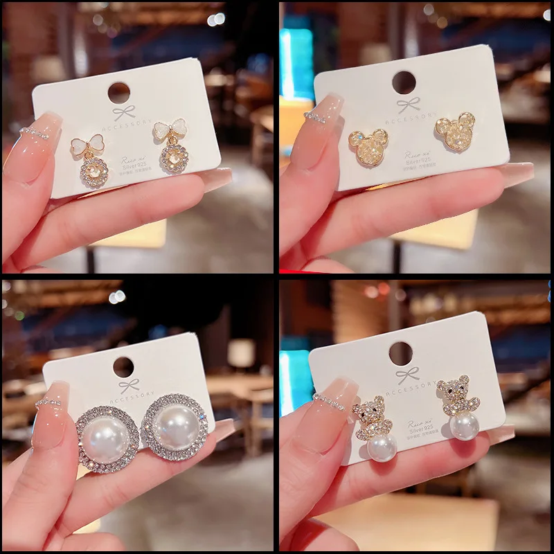 Shiny 925 Silver Needle Gold Zircon Pearl Tassel Bow Butterfly Heart Stud Earrings Women Opal Clover Flower Drop Earrings
