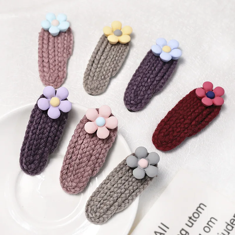Симпатичные Детские осенне-зимние теплые шерстяные вязаные крючком заколки для волос BB милые заколки для волос Вязаные Цветочные заколки для девочек
