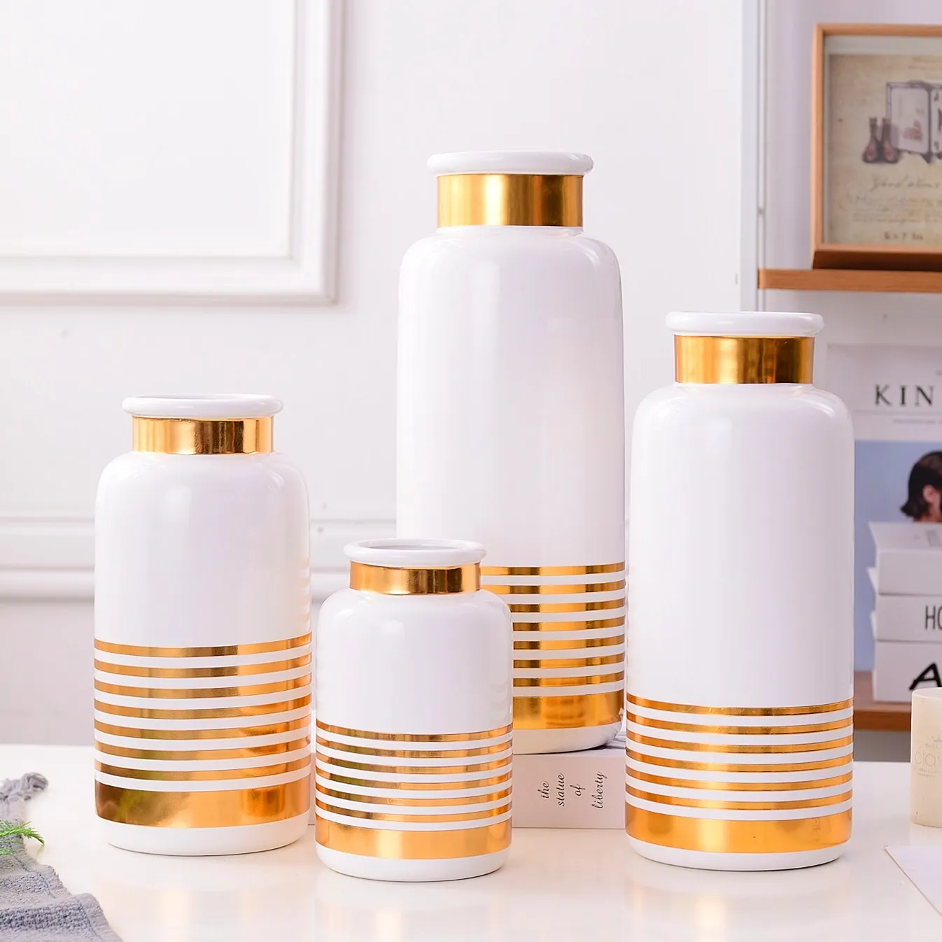  Simple modern white & black with gold line Cylinder Shape ceramic vases for home