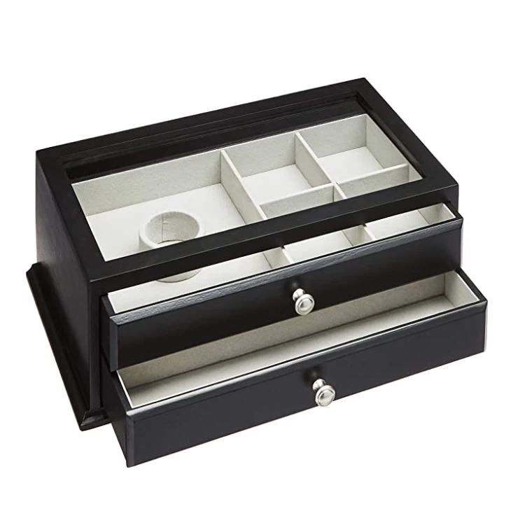 Custom wholesale black wood lacquered storage drawer organizer box case