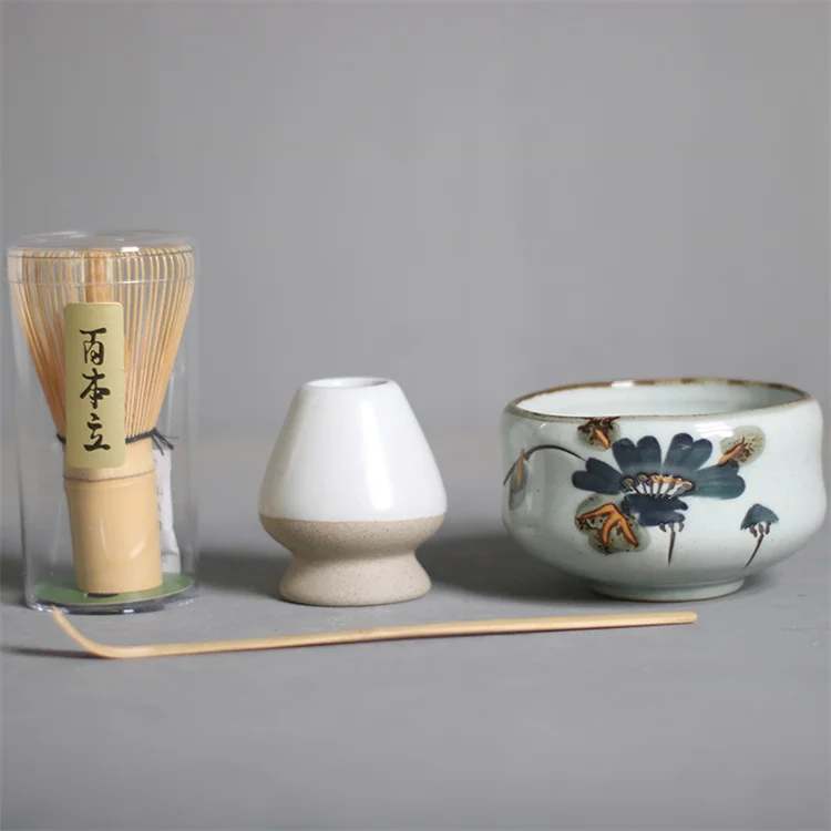 Bambus Wholesale Handcrafted Matcha Pottery Bowl Glaze Tea Traditional Ceramic Matcha Bowl With Matcha Whisk