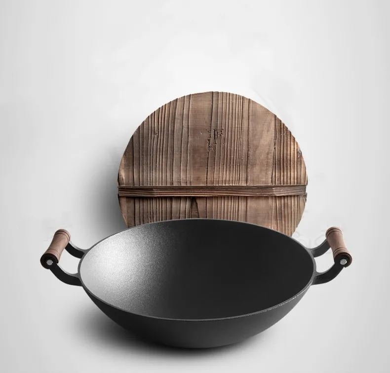Cast Iron Woks Frying Pan Non-Stick Deep Skillet Double Ears Cooking Pot with Wooden Lid and Wooden Handle