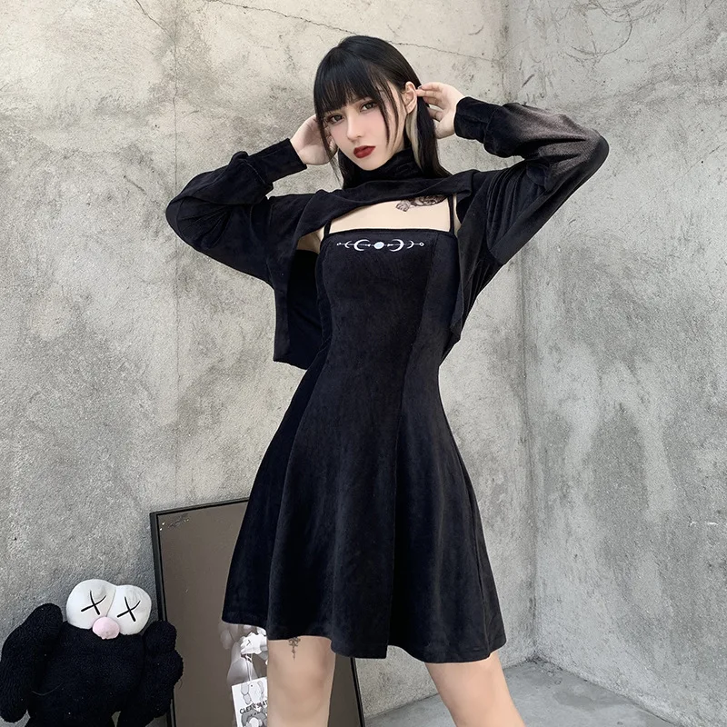 Black Corduroy Two Piece Set Women Clothing Dresses Gothic Mini Ladies Sundresses With Long Sleeve Tops