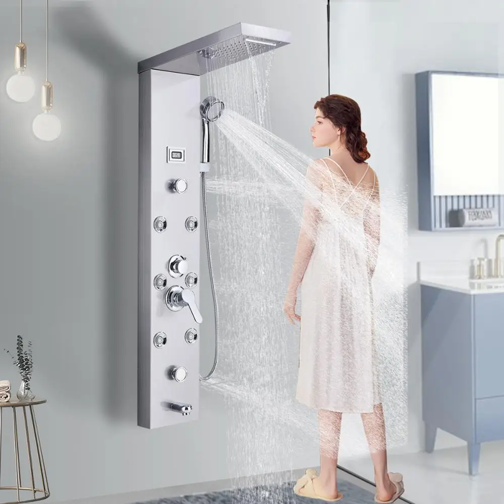 
Yizon Shower Column Panel Brushed Nickel Black Wall Mount Massage Jets Para Bathroom Shower Douche Digital Display Shower Head 