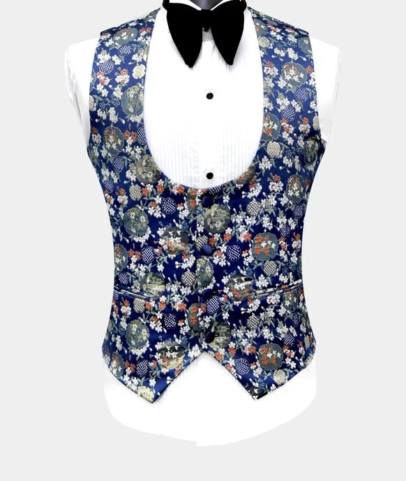 Custom Prom Suit Classic Wedding Men Tuxedo Double Breasted Navy Blue Floral Tuxedo 3 Piece Men Suits