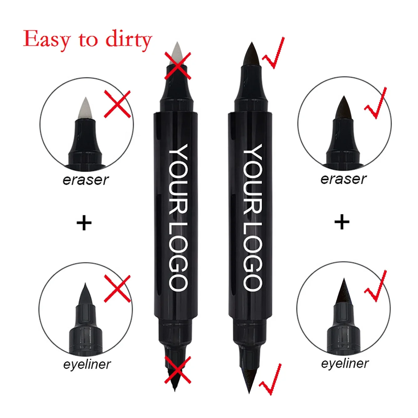 100% authentic vegan no logo private label eyeliner double head 2 in 1 winged eyeliner stamp pencil with eraser