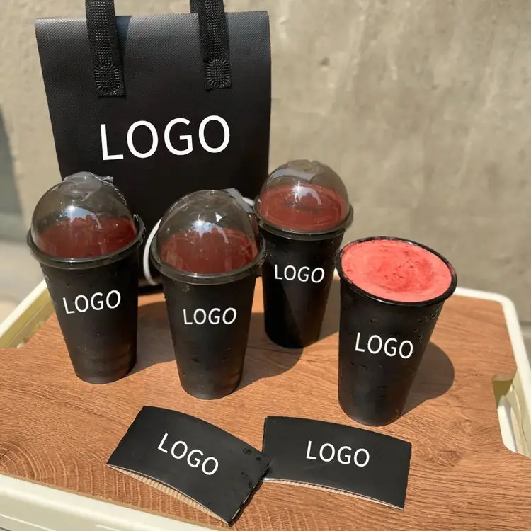 New design 520/700ml 90mm disposable black plastic cup with lids hard PP custom plastic cup for boba milktea juice