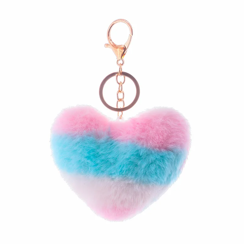 Rainbow Heart Shape Pompom Heart Shape Keychain Fur Pom Pom for Bag Keyring