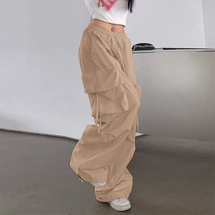 Custom OEM Manufacturer Vintage Pockets High Waist Streetwear baggy Casual ladies Long parachute Cargo Pant for women Trousers