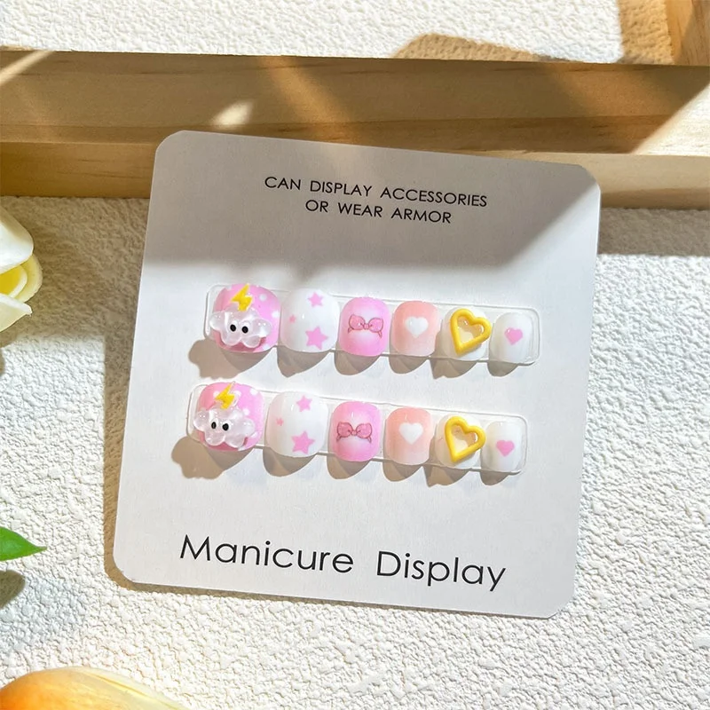 2024 New Design 24Pcs Candy Color Full Cover Cartoon Nail Art Kids Self-adhesive Glue Press On Fake False Nail Tips