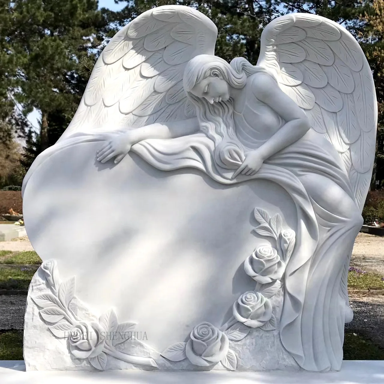 Customized Cemetery White Marble Hand Carved Angel Statue Tombstone For Sale