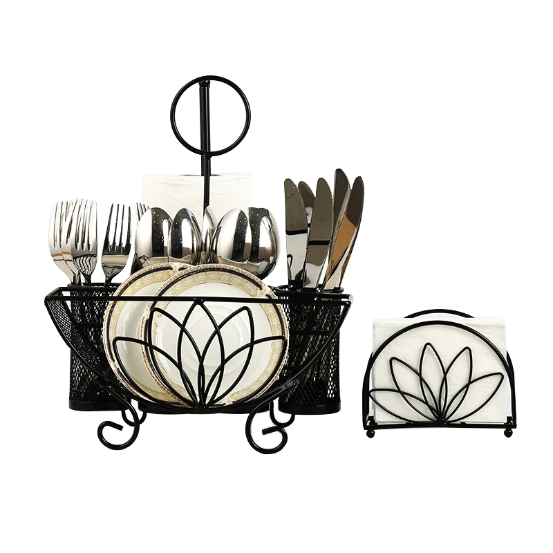 Black Metal Mesh Kitchen Picnic Buffet Caddy Holder for Utensils with Paper Towel Holder