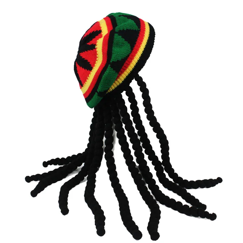 Vibrant Rasta Reggae Knitted Hat with Faux Braids Tam Knitted Stretchy Wig Hat Jamaican Beanie